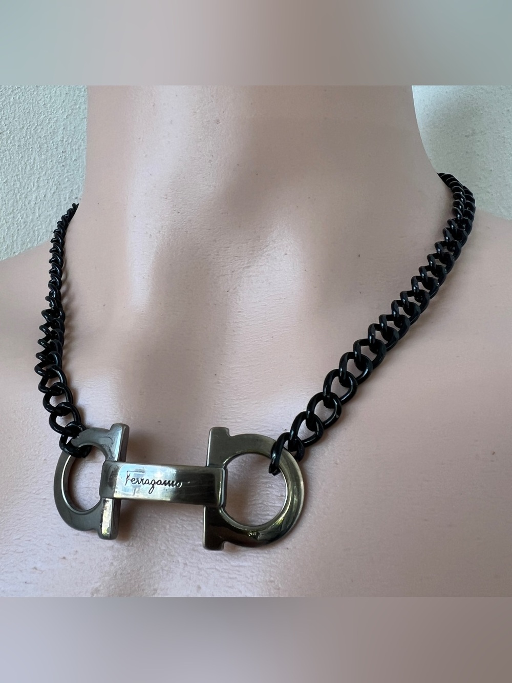 Men’s Ferragamo Gunmetal Black Stainless Chain Necklace 20” - Picture 10 of 11